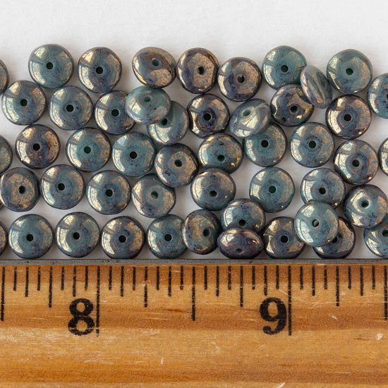 6mm Glass Rondelle Beads - Tiffany Green Gold Luster - 25 or 50 beads