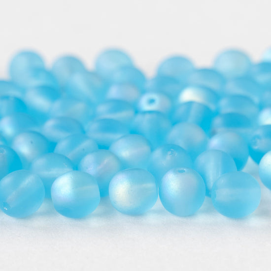 6mm Round Glass Beads - Aqua AB Matte - 50 beads