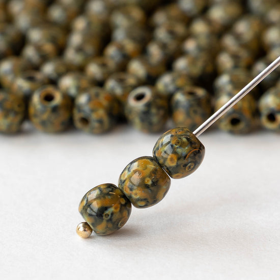 6mm Round Glass Beads - Opaque Black Amber Picasso - 50 beads