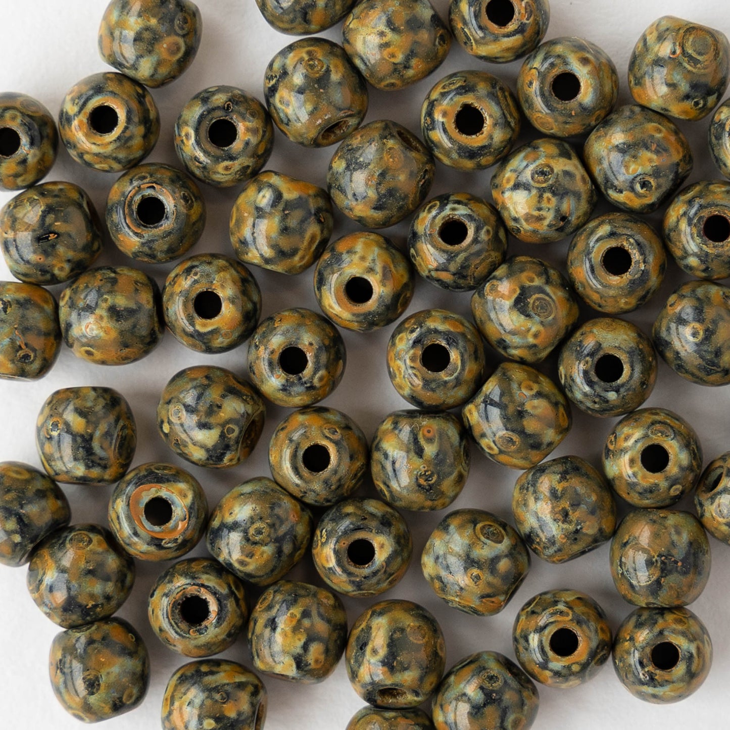 6mm Round Glass Beads - Opaque Black Amber Picasso - 50 beads