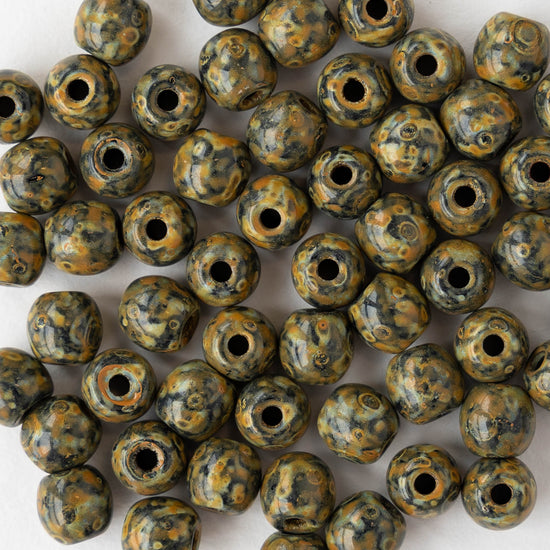 6mm Round Glass Beads - Opaque Black Amber Picasso - 50 beads
