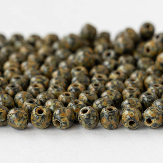 6mm Round Glass Beads - Opaque Black Amber Picasso - 50 beads