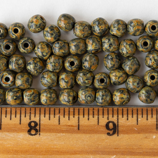 6mm Round Glass Beads - Opaque Black Amber Picasso - 50 beads