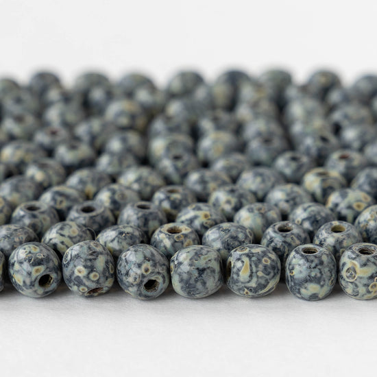 6mm Round Glass Beads - Opaque Black Green Picasso - 50 beads