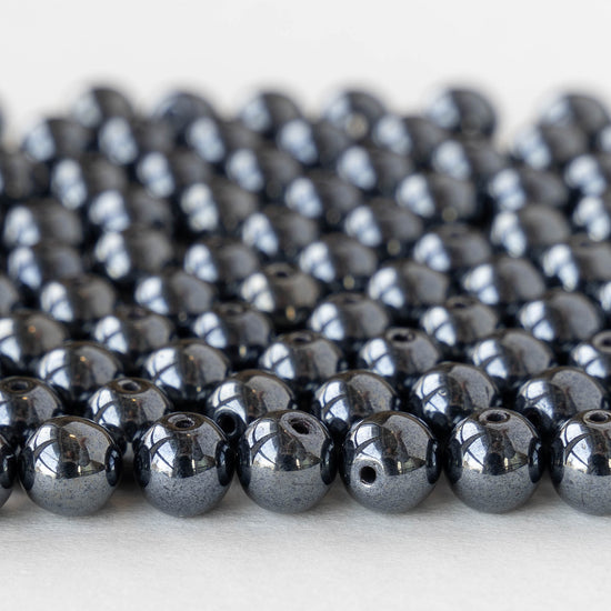 6mm Round Glass Beads - Hematite - 50 or 100 beads