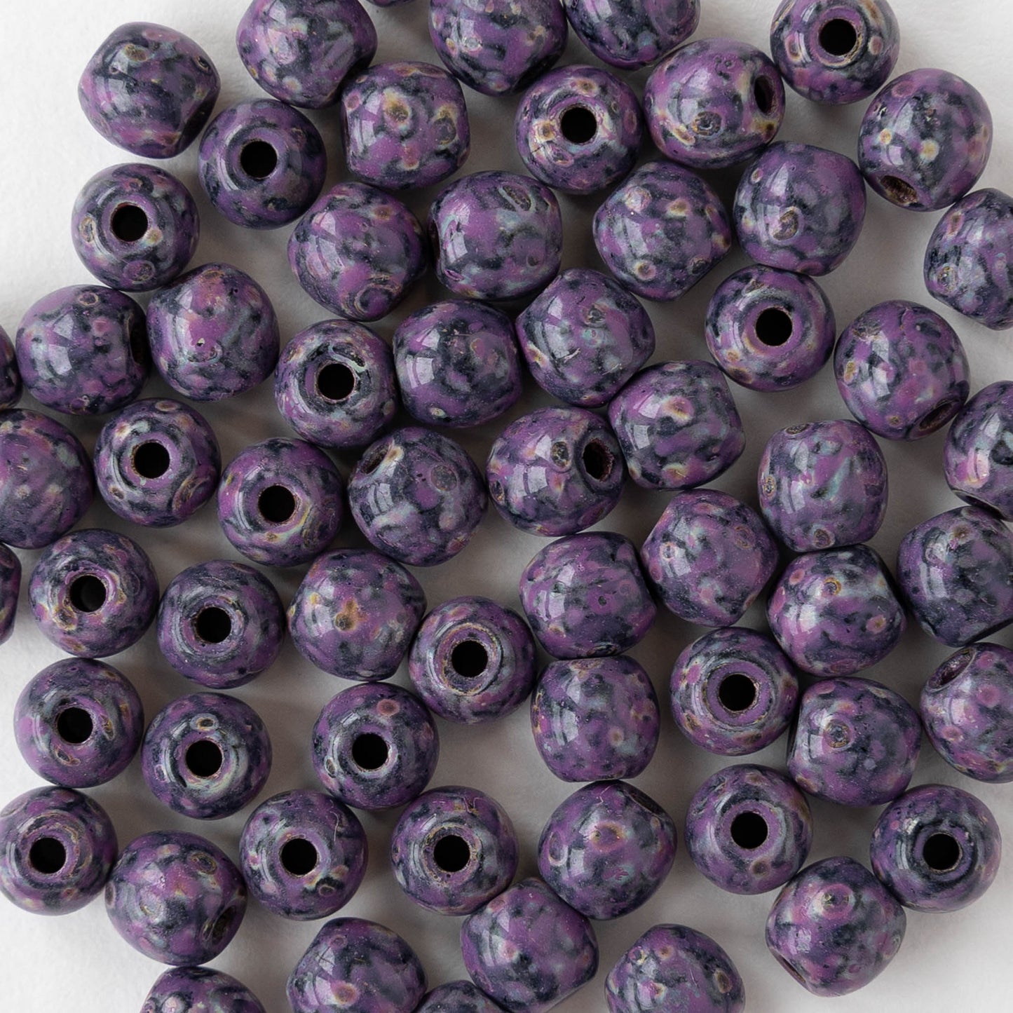 6mm Round Glass Beads - Opaque Black Purple Picasso - 50 beads