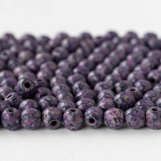 6mm Round Glass Beads - Opaque Black Purple Picasso - 50 beads