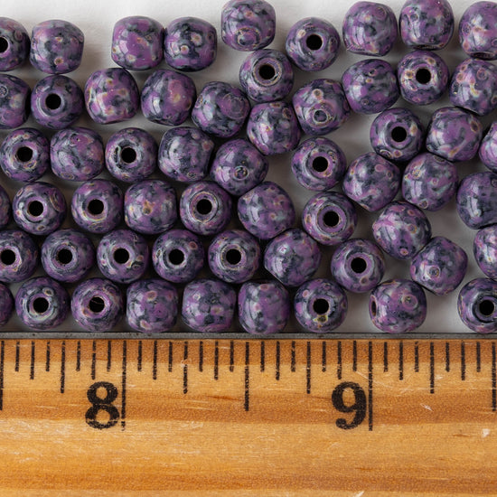 6mm Round Glass Beads - Opaque Black Purple Picasso - 50 beads