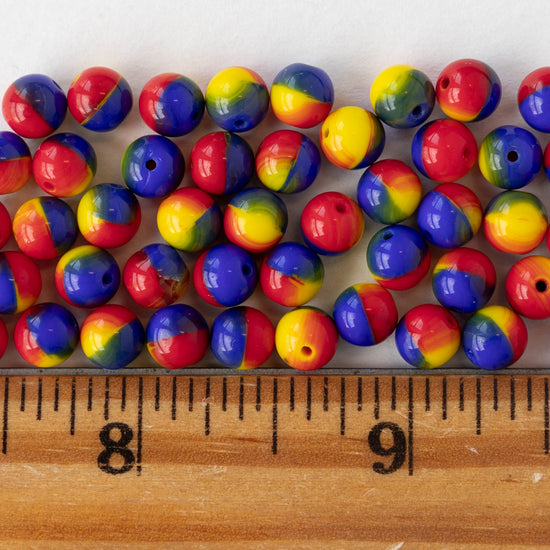 6mm Round Glass Beads - Opaque Red Blue Yellow Mix - 50 beads