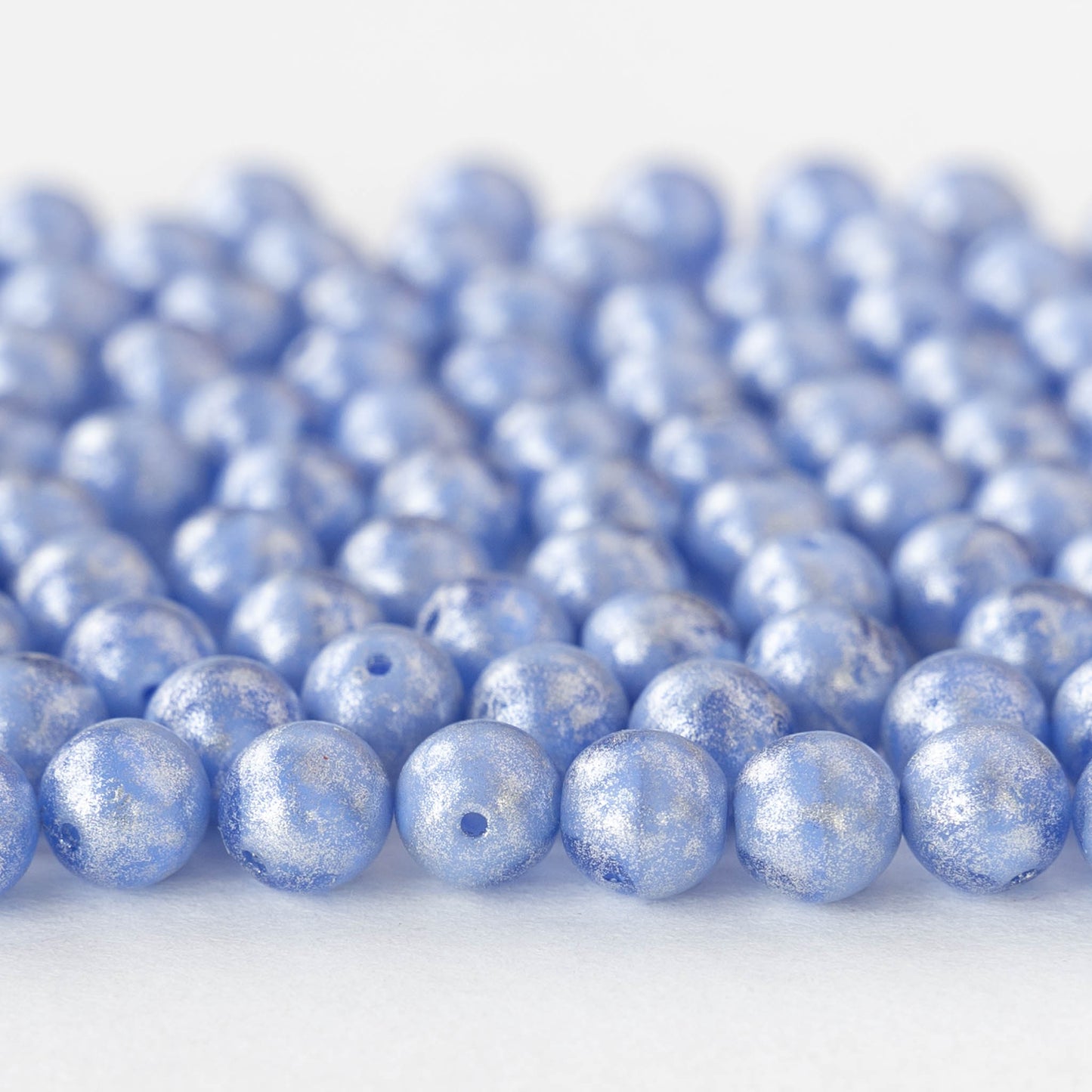 6mm Round Glass Beads - Opaque Light Blue with Silver Dust - 30 or 60 beads