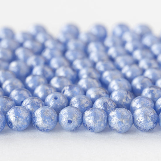 6mm Round Glass Beads - Opaque Light Blue with Silver Dust - 30 or 60 beads