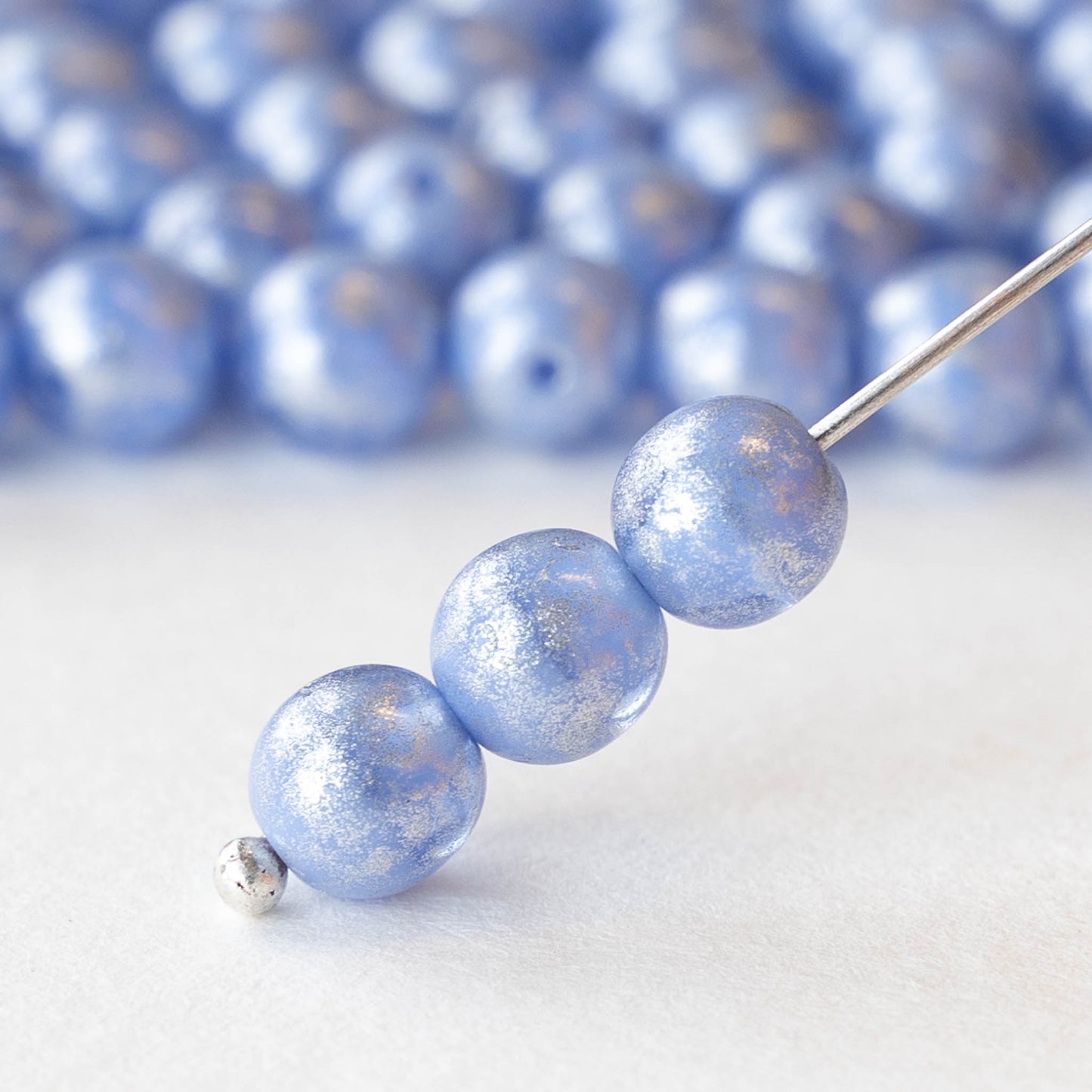 6mm Round Glass Beads - Opaque Light Blue with Silver Dust - 30 or 60 beads