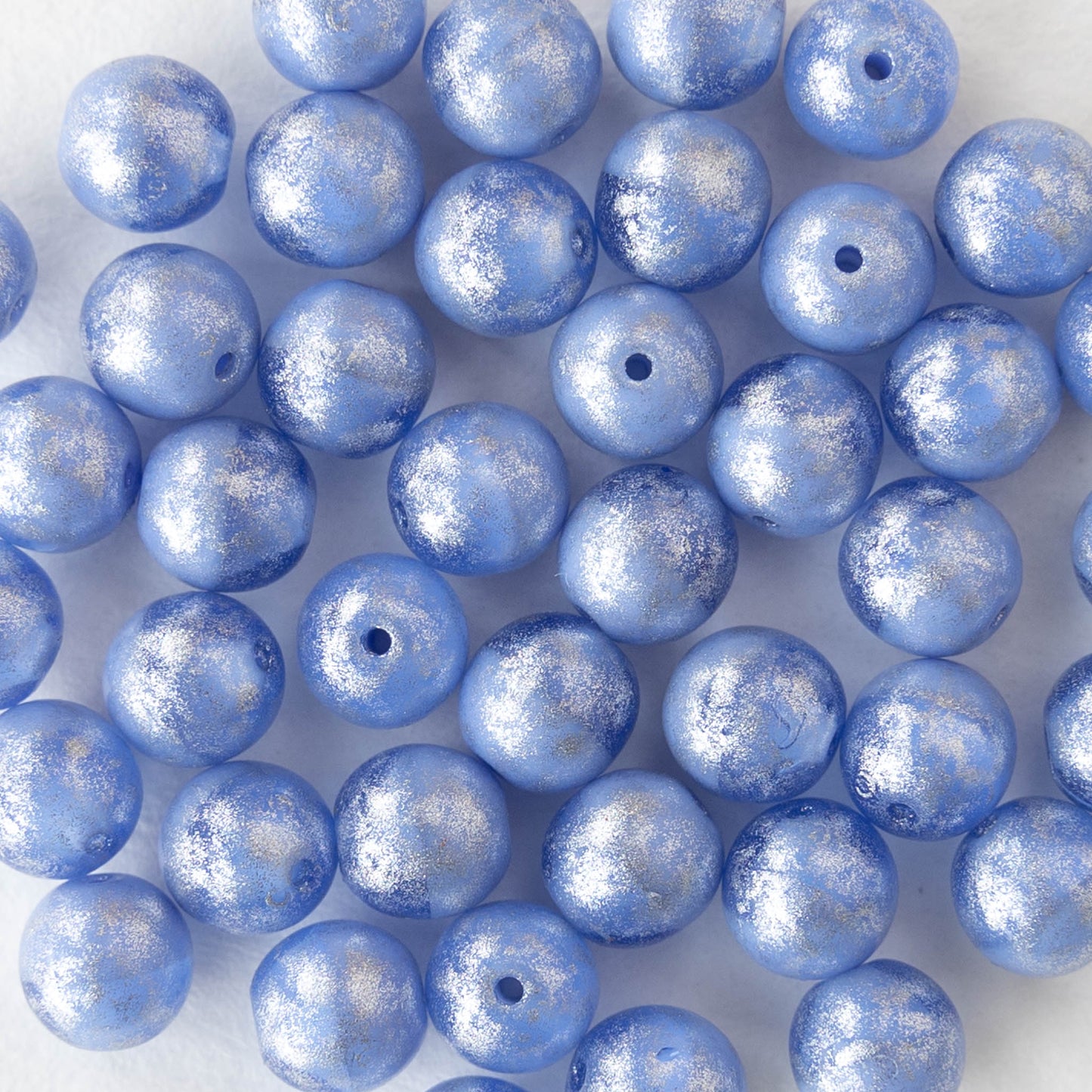 6mm Round Glass Beads - Opaque Light Blue with Silver Dust - 30 or 60 beads