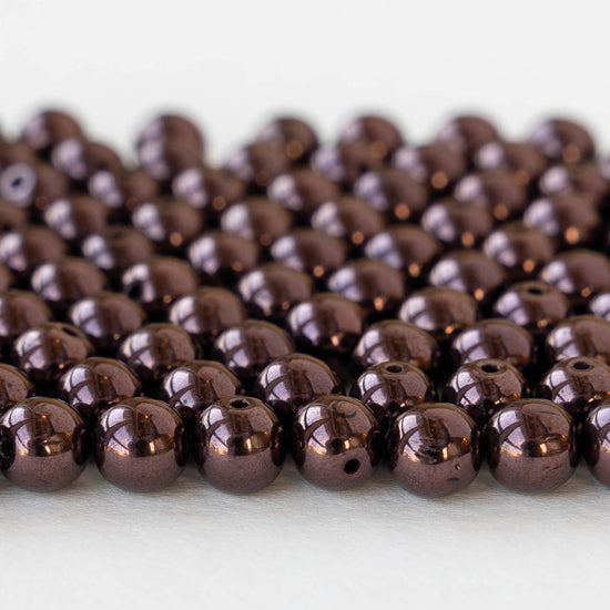 6mm Round Glass Beads - Opaque Metallic Burgundy - 120 beads