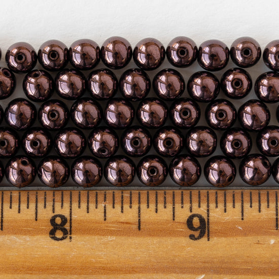 6mm Round Glass Beads - Opaque Metallic Burgundy - 120 beads