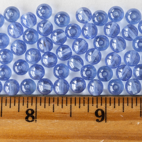 6mm Round Glass Beads - Transparent Cornflower Blue Luster - 50 beads