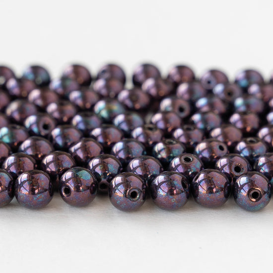 6mm Round Glass Beads - Dark Purple Oil Slick - 25 beads