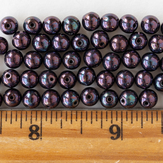 6mm Round Glass Beads - Dark Purple Oil Slick - 25 beads