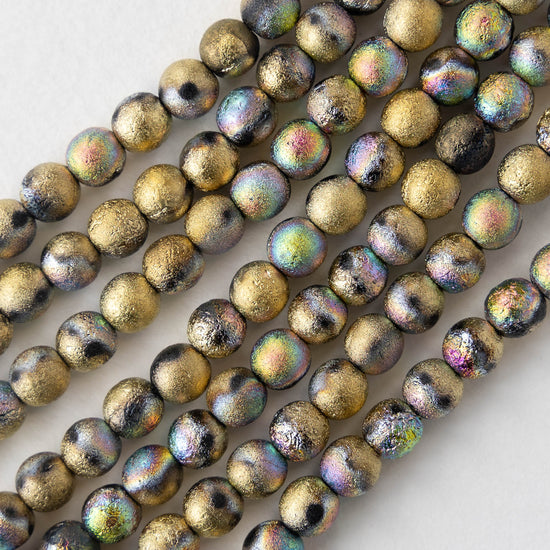 6mm Round Glass Beads - Etched Gold Rainbow - 25 Beads