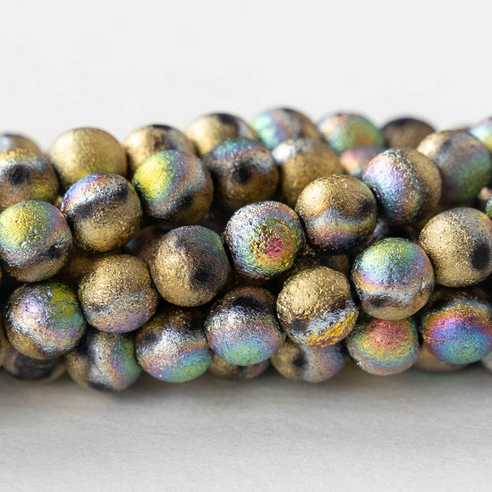 6mm Round Glass Beads - Etched Gold Rainbow - 25 Beads