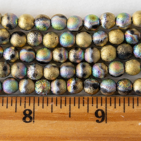 6mm Round Glass Beads - Etched Gold Rainbow - 25 Beads