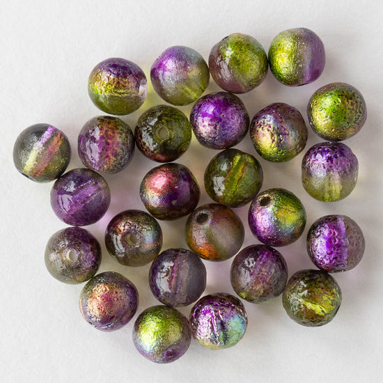 6mm Round Glass Beads - Etched Lavender and Peridot Green - 25 Beads