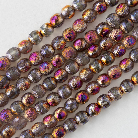 6mm Round Glass Beads - Etched Metallic Fire - 25 Beads