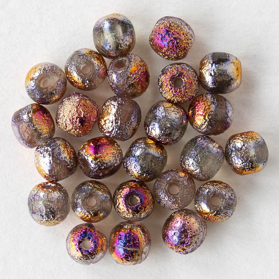 6mm Round Glass Beads - Etched Metallic Fire - 25 Beads