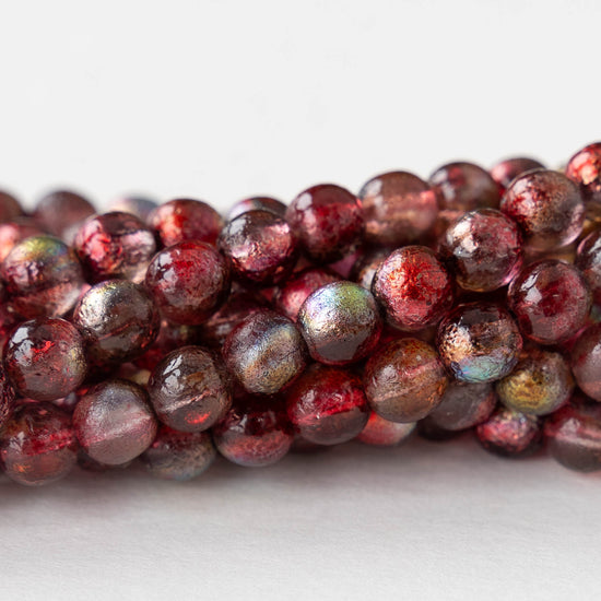 6mm Round Glass Beads - Raspberry Etched Metallic - 25 beads