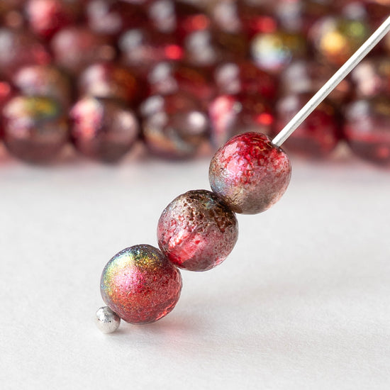 6mm Round Glass Beads - Raspberry Etched Metallic - 25 beads