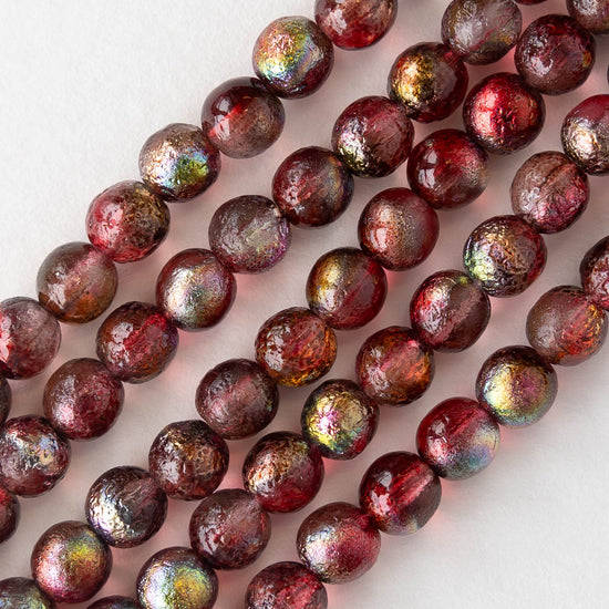 6mm Round Glass Beads - Raspberry Etched Metallic - 25 beads