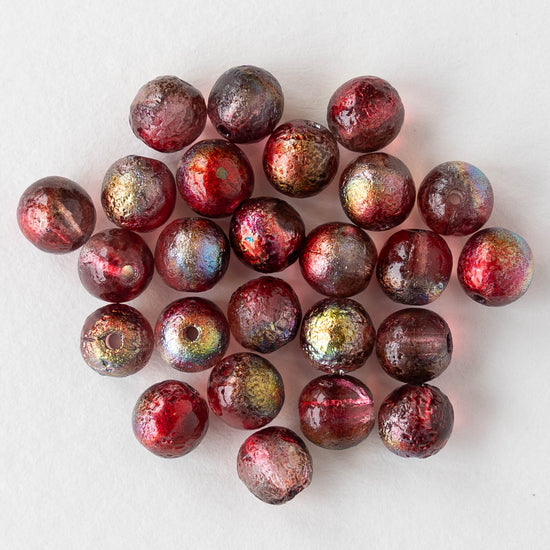 6mm Round Glass Beads - Raspberry Etched Metallic - 25 beads