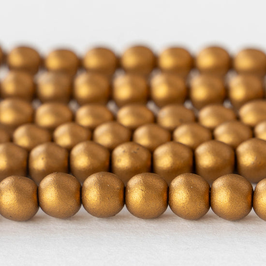 6mm Round Glass Beads - Frosted Gold Matte - 30 Beads