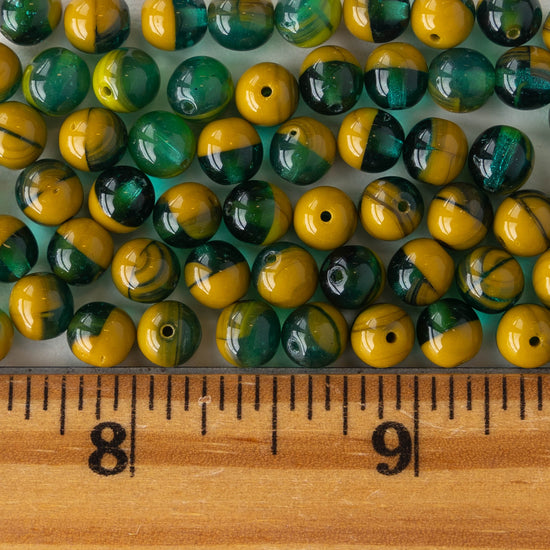 6mm Round Glass Beads - Green Ochre Mix - 50 Beads