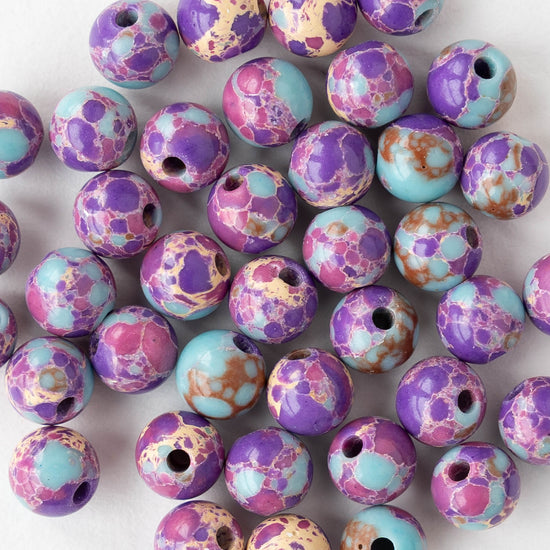 6mm Round Impression Jasper Beads - Purple Blue Mix - Whole or Half Strand