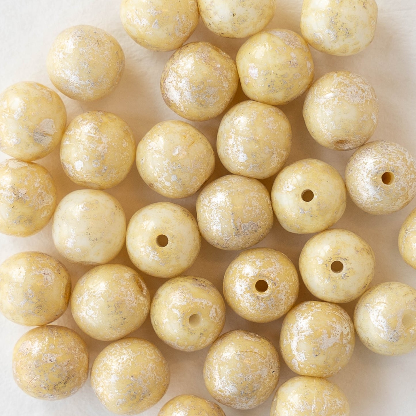 6mm Round Glass Beads - Opaque Ivory with Silver Dust - 30 beads