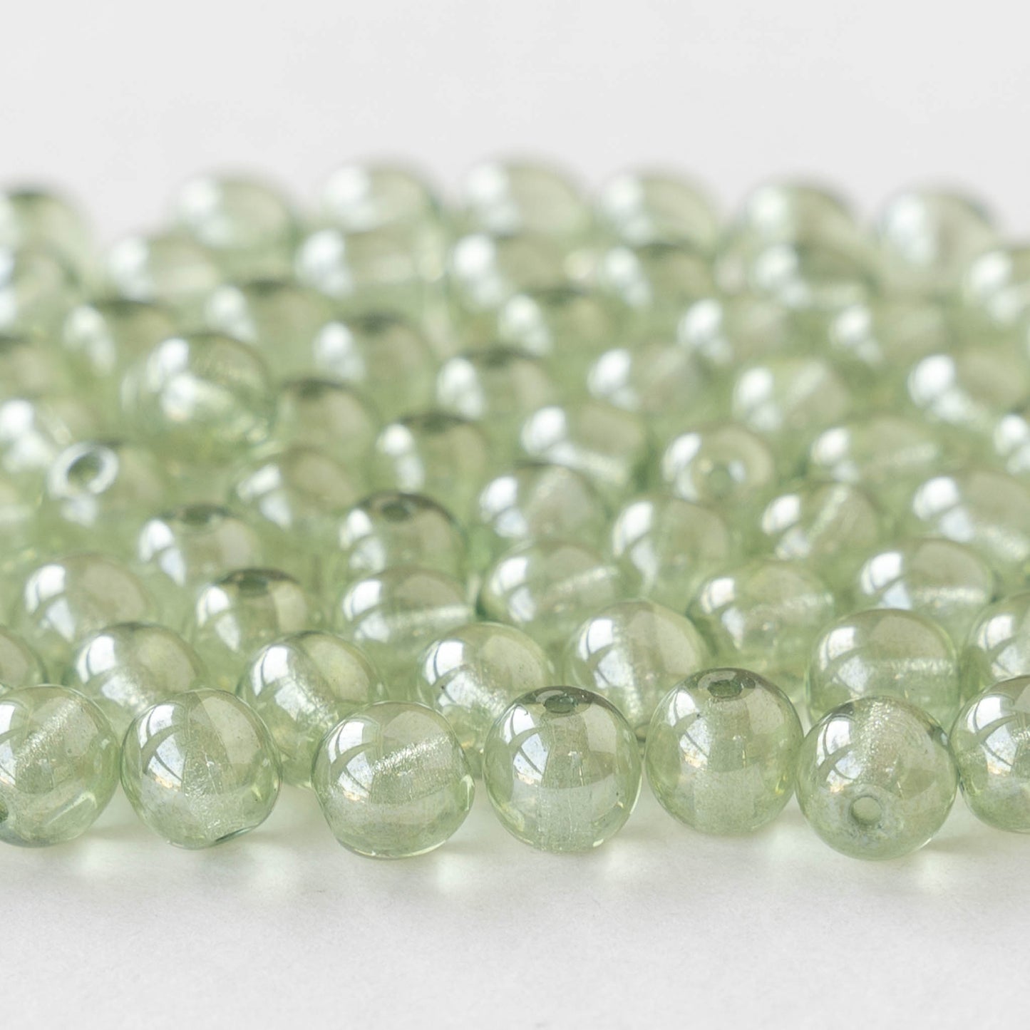 6mm Round Glass Beads - Light Green Luster - 50