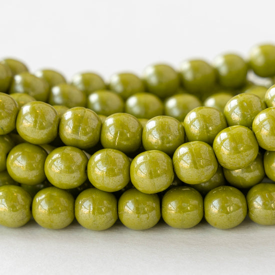 6mm Round Glass Beads - Opaque Lime Green Luster- 30 beads