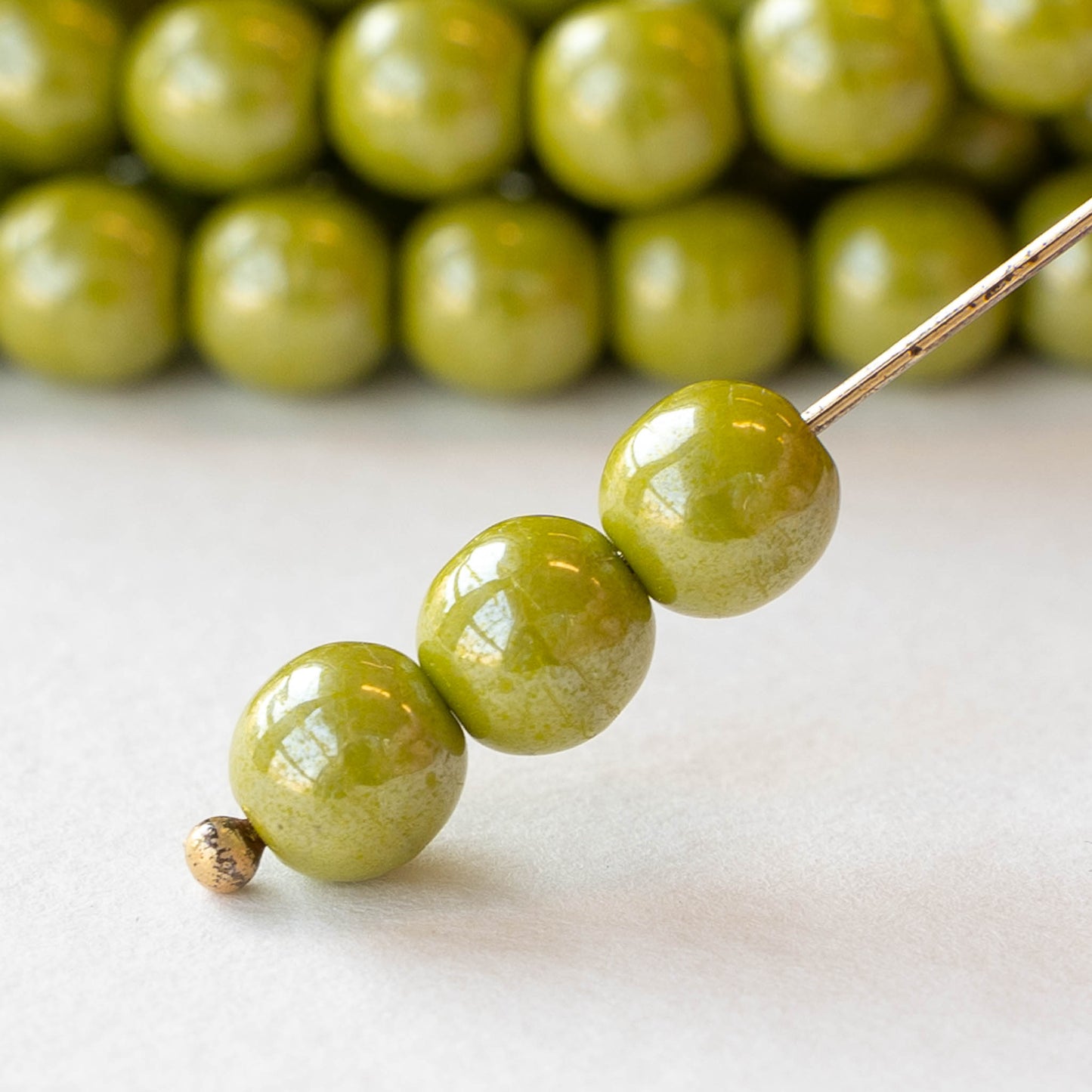 6mm Round Glass Beads - Opaque Lime Green Luster- 30 beads