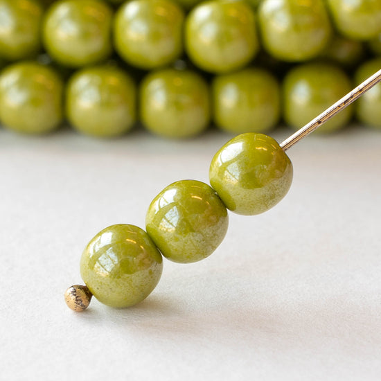 6mm Round Glass Beads - Opaque Lime Green Luster- 30 beads