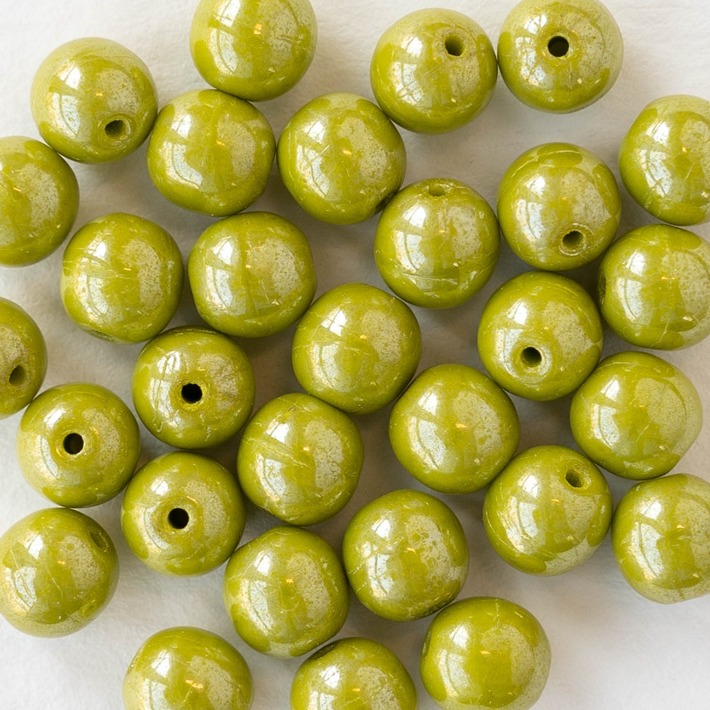 6mm Round Glass Beads - Opaque Lime Green Luster- 30 beads