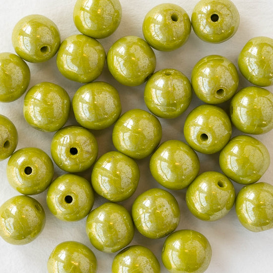 6mm Round Glass Beads - Opaque Lime Green Luster- 30 beads