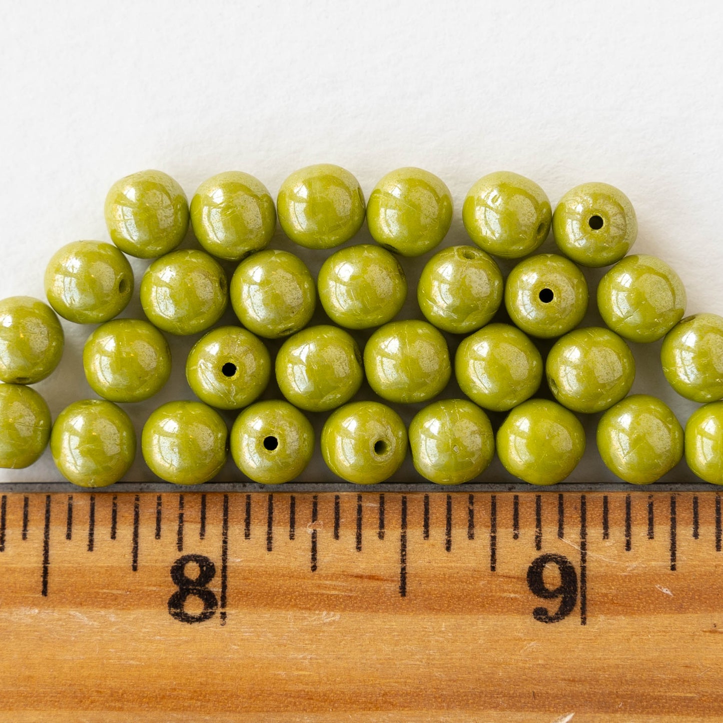 6mm Round Glass Beads - Opaque Lime Green Luster- 30 beads