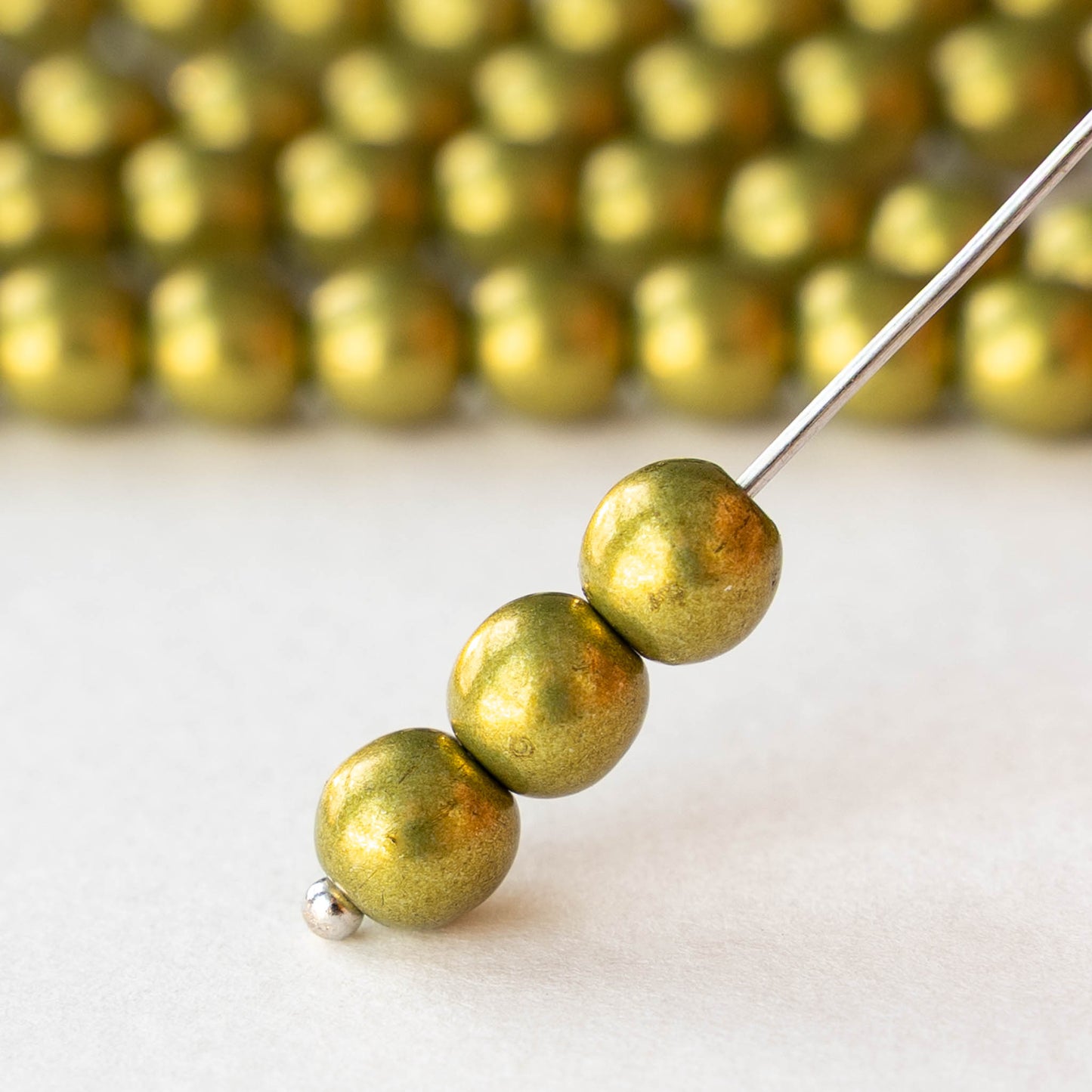 6mm Round Glass Beads - Metallic Meadowlark  Green - 50 beads