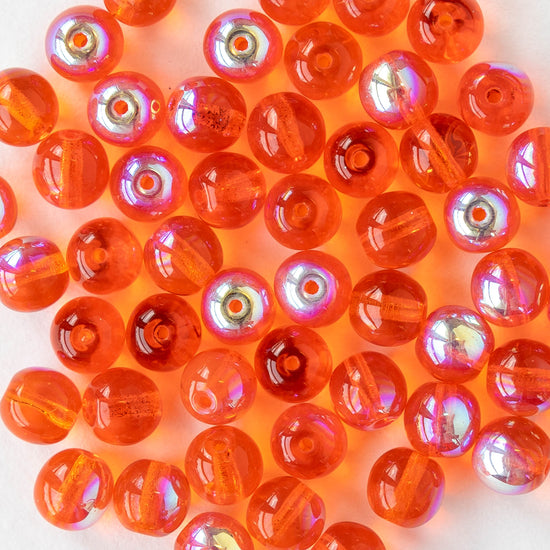 6mm Round Glass Beads - Transparent Orange AB - 50 beads