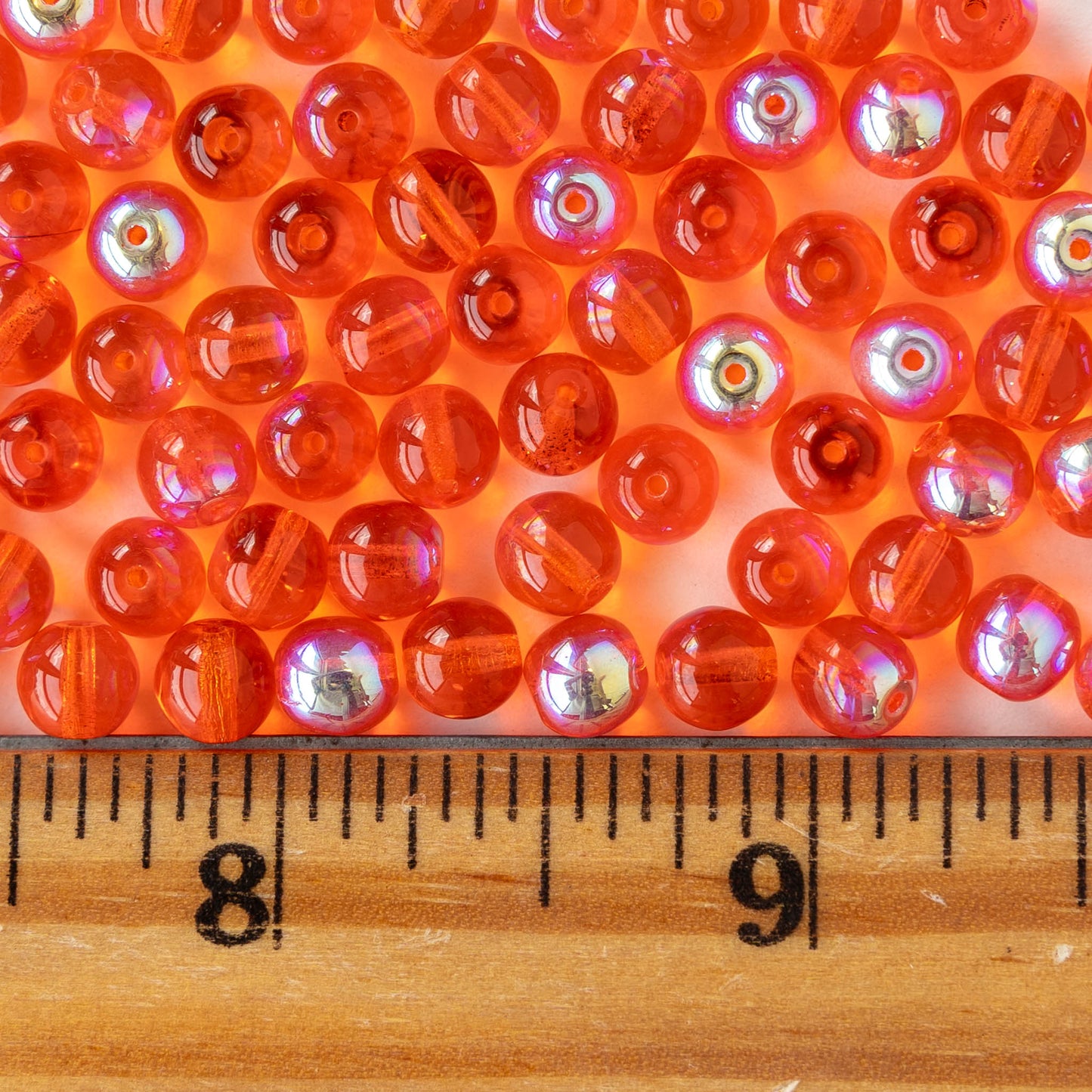 6mm Round Glass Beads - Transparent Orange AB - 50 beads