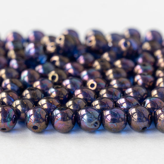 6mm Round Glass Beads - Transparent Purple with Bronze Luster - 120 beads