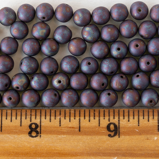 6mm Round Glass Beads - Opaque Matte Purple Oil Slick - 30 or 60 beads