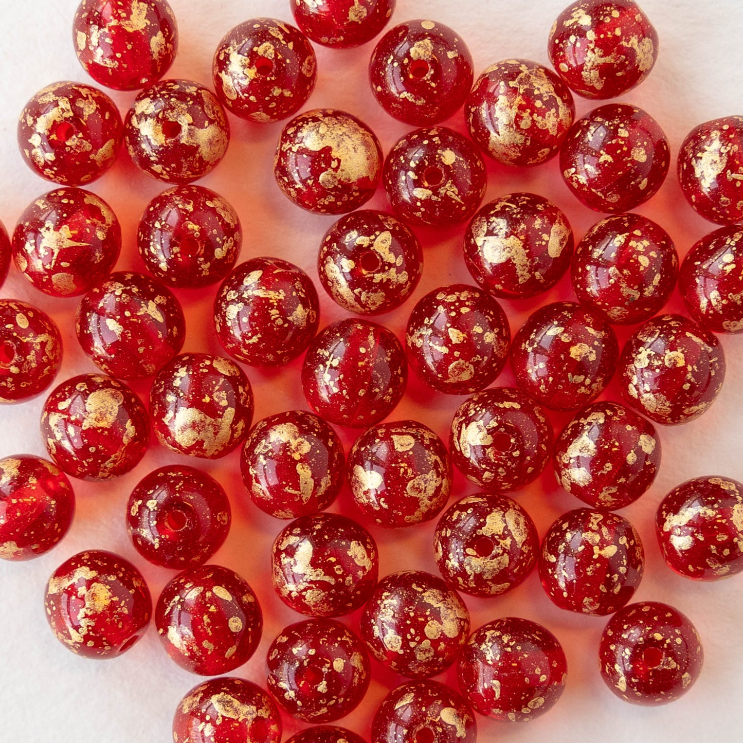 6mm Round Glass Beads - Transparent Red with Gold Dust - 50 beads