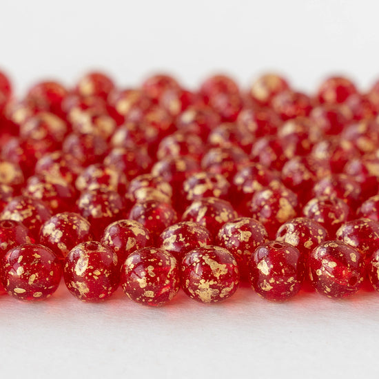 6mm Round Glass Beads - Transparent Red with Gold Dust - 50 beads